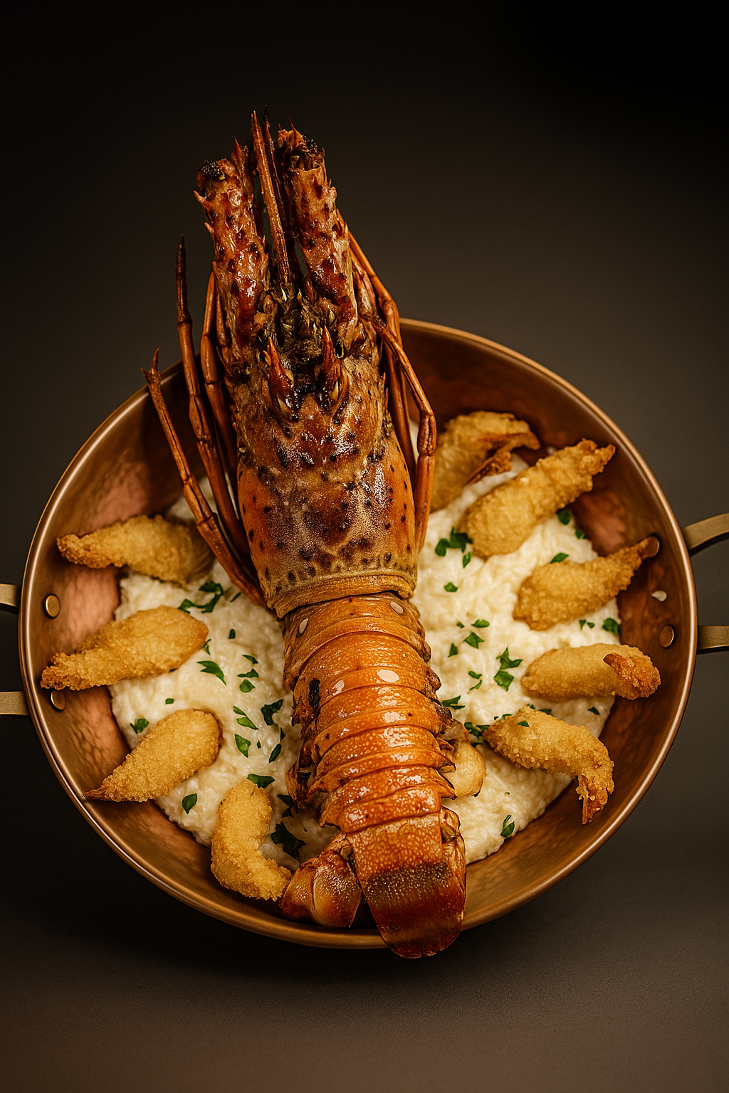 Lagosta grelhada com risoto e camarões empanados