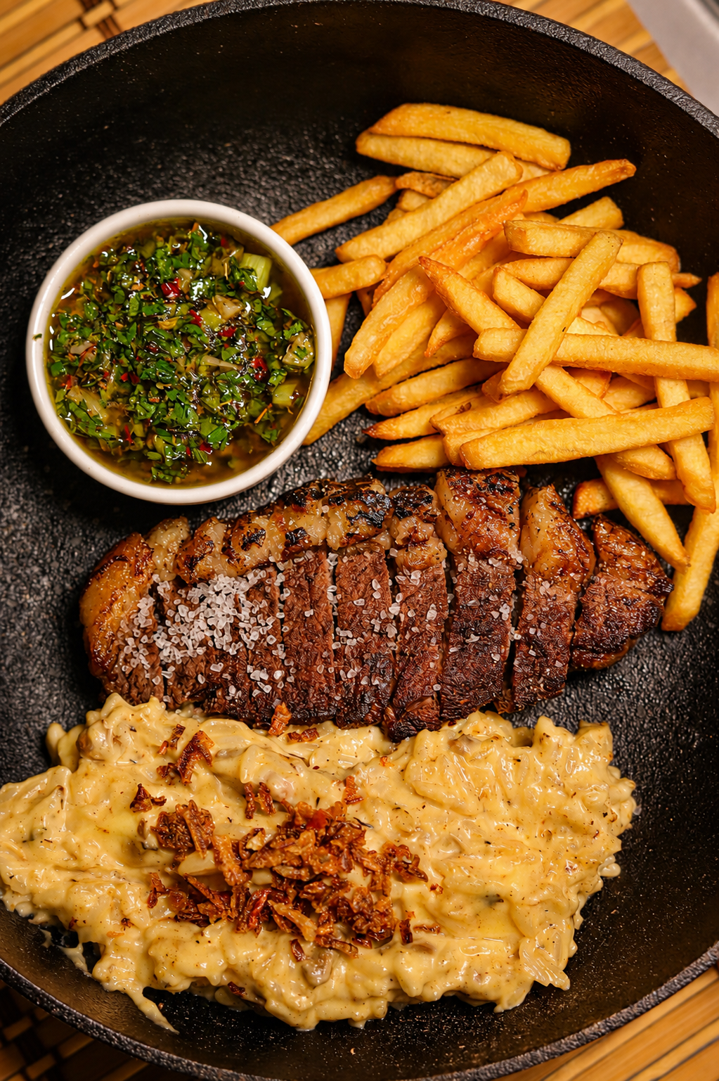 Picanha grelhada com risoto cremoso e fritas