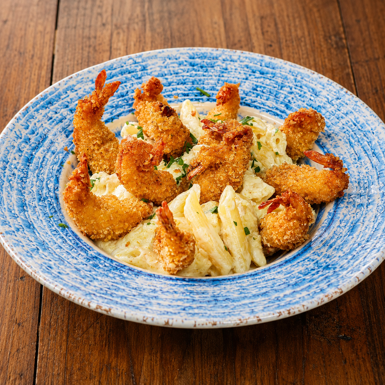 Penne aos Três Queijos com Camarão à Milanesa
