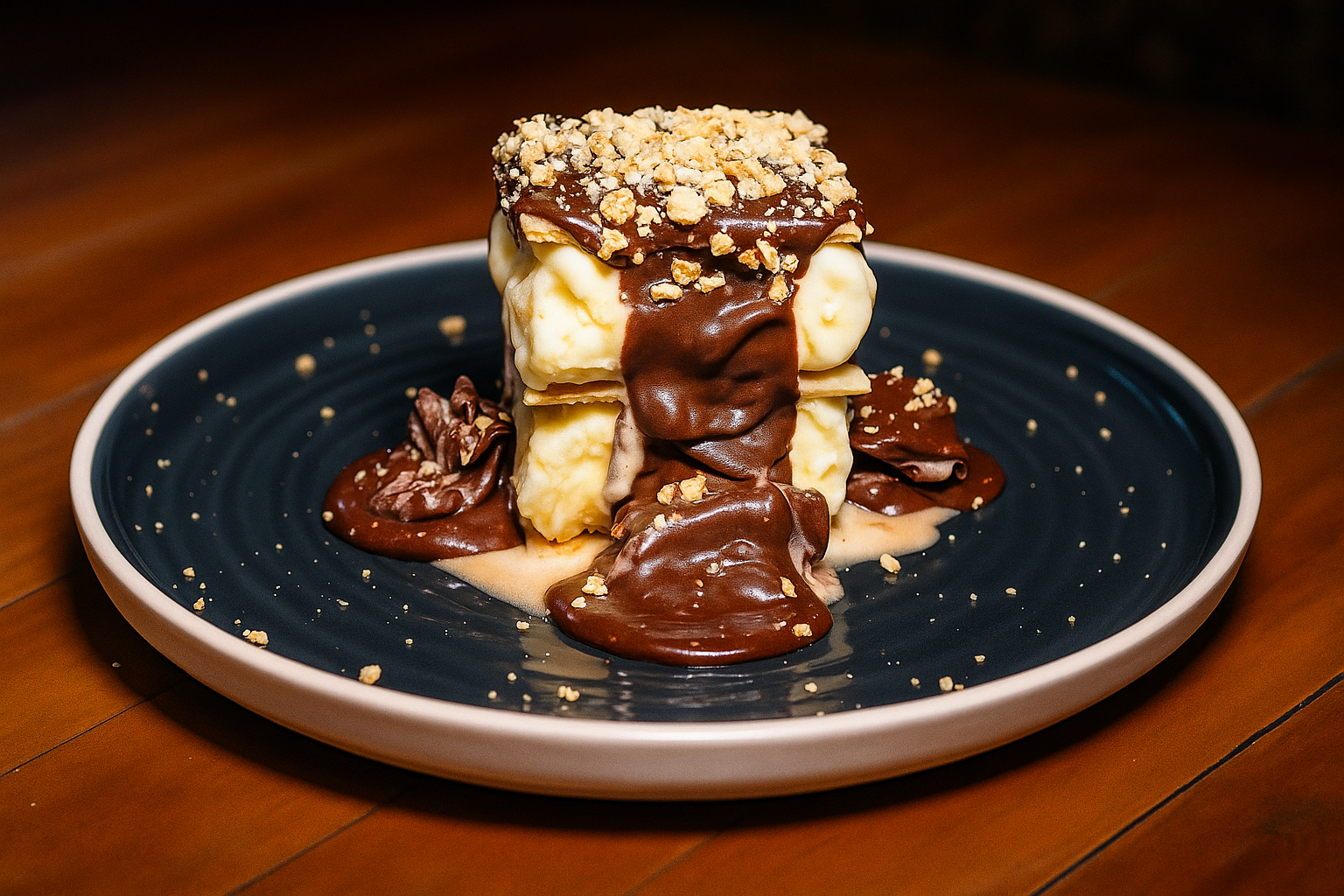 Sobremesa de sorvete com calda de chocolate